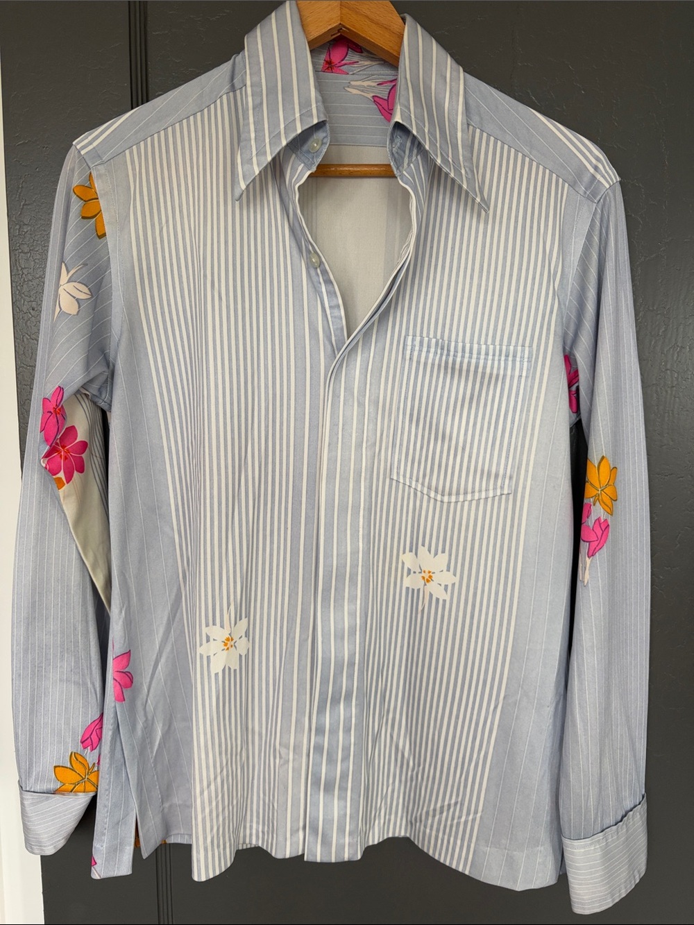 Vintage Casual Stripe Floral Button-Up Shirt - Light Blue